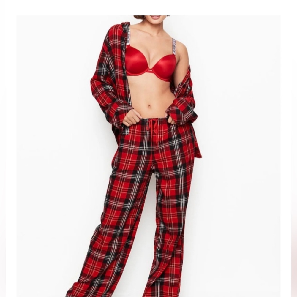 Victoria's Secret Red and Black Plaid Pajama Set with Gold Pinstipes Set